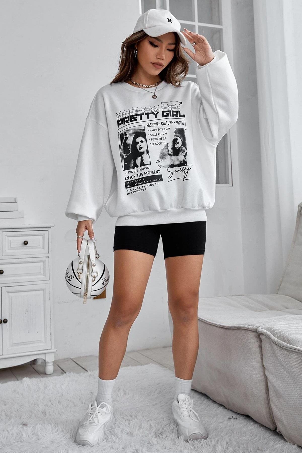 Beyaz Baskılı Oversize Kadın Sweatshirt  MG1923