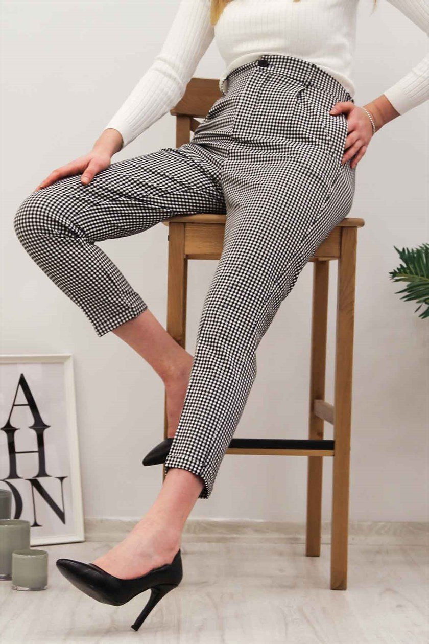 Mad Girls Ekoseli Kumaş Duble Siyah Pantolan MG118