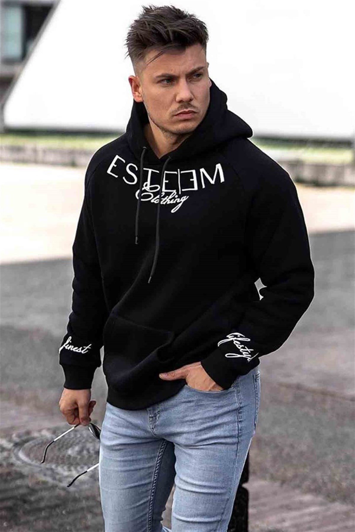 MadmextPrinted Black Kapşonlu Sweatshirt 4402