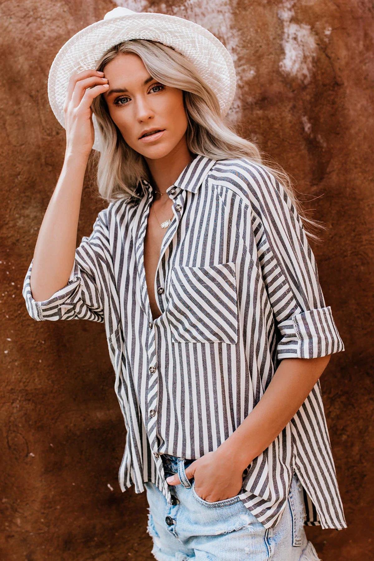Siyah Çizgili Oversize Kadın Gömlek MG1729