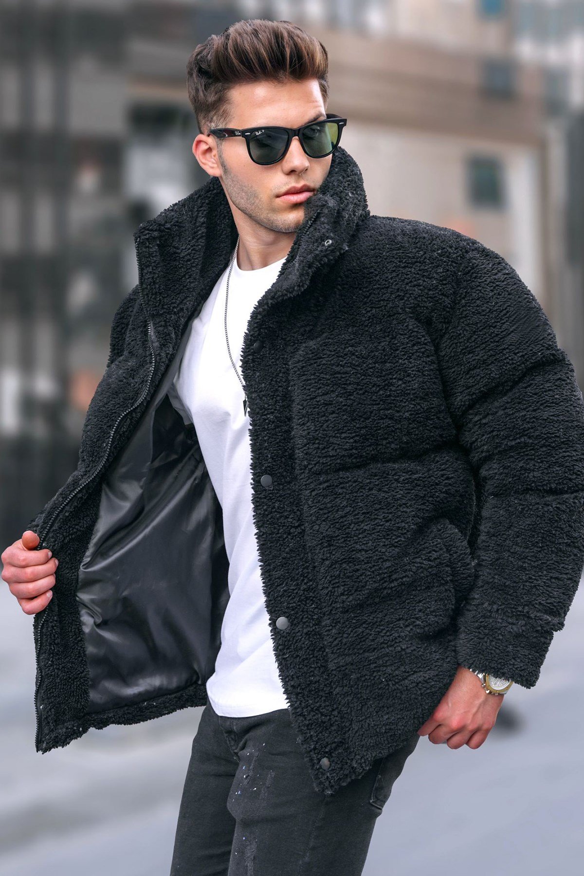 Siyah Şişme Peluş Erkek Mont 5698