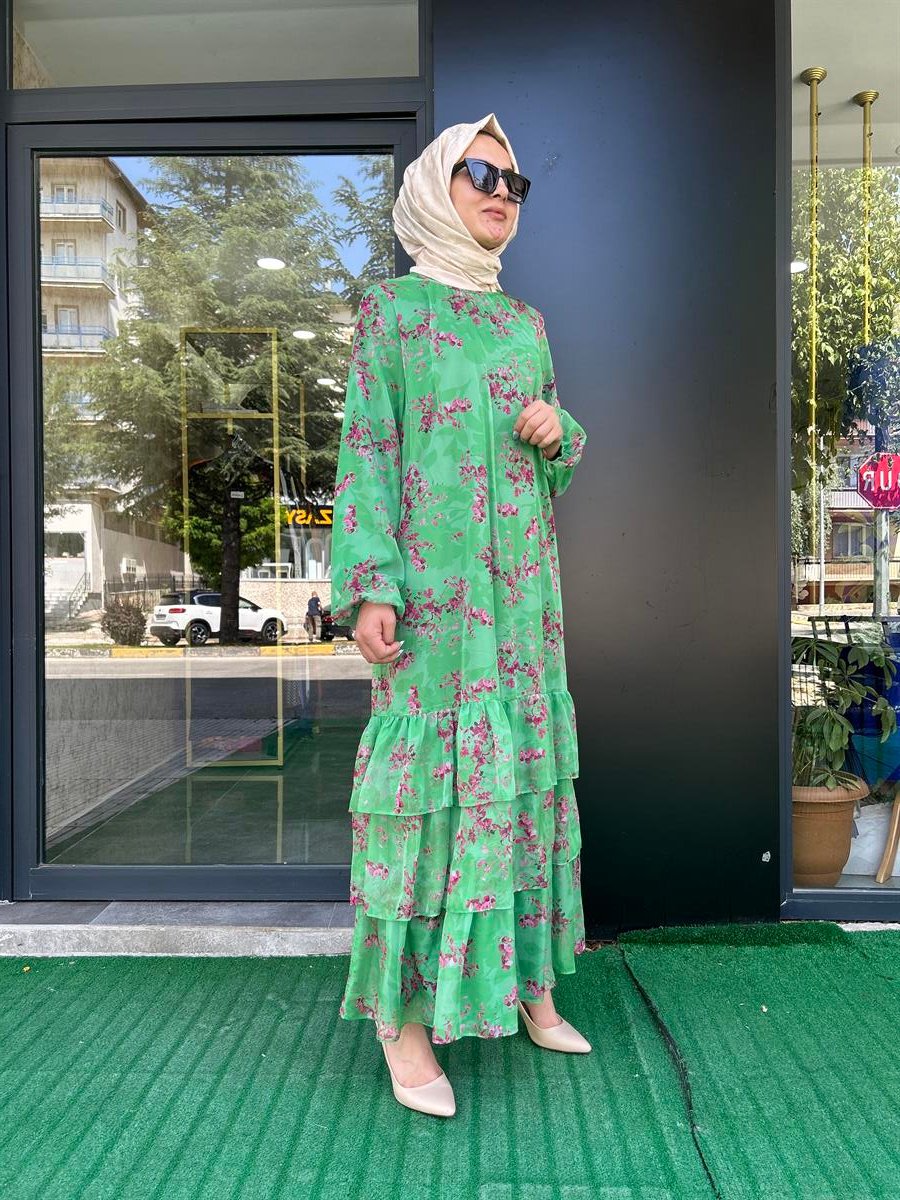 NURCAN ÇETİN ŞİFON ELBİSE 23119 YEŞİL