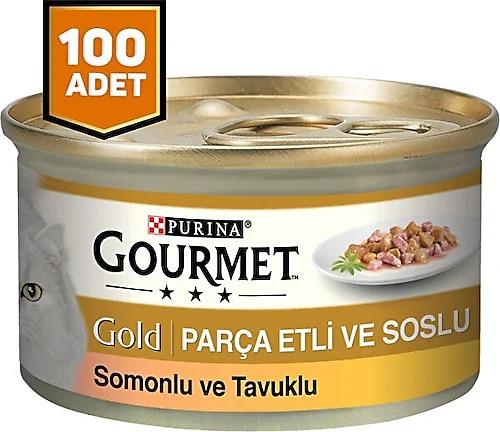 Purina Gourmet Gold Parça Etli Soslu Somonlu ve Tavuklu Konserve Mama 100 x 85GR.