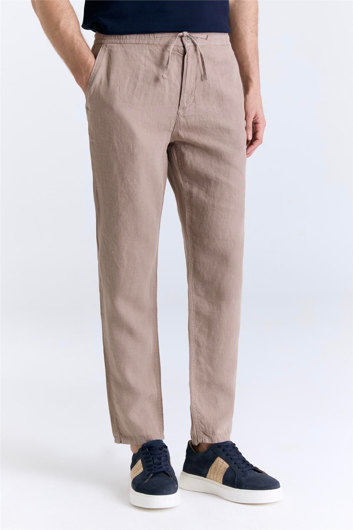Ruba Pantolon Jogger Fit Lastikli Bej Keten Pantolon