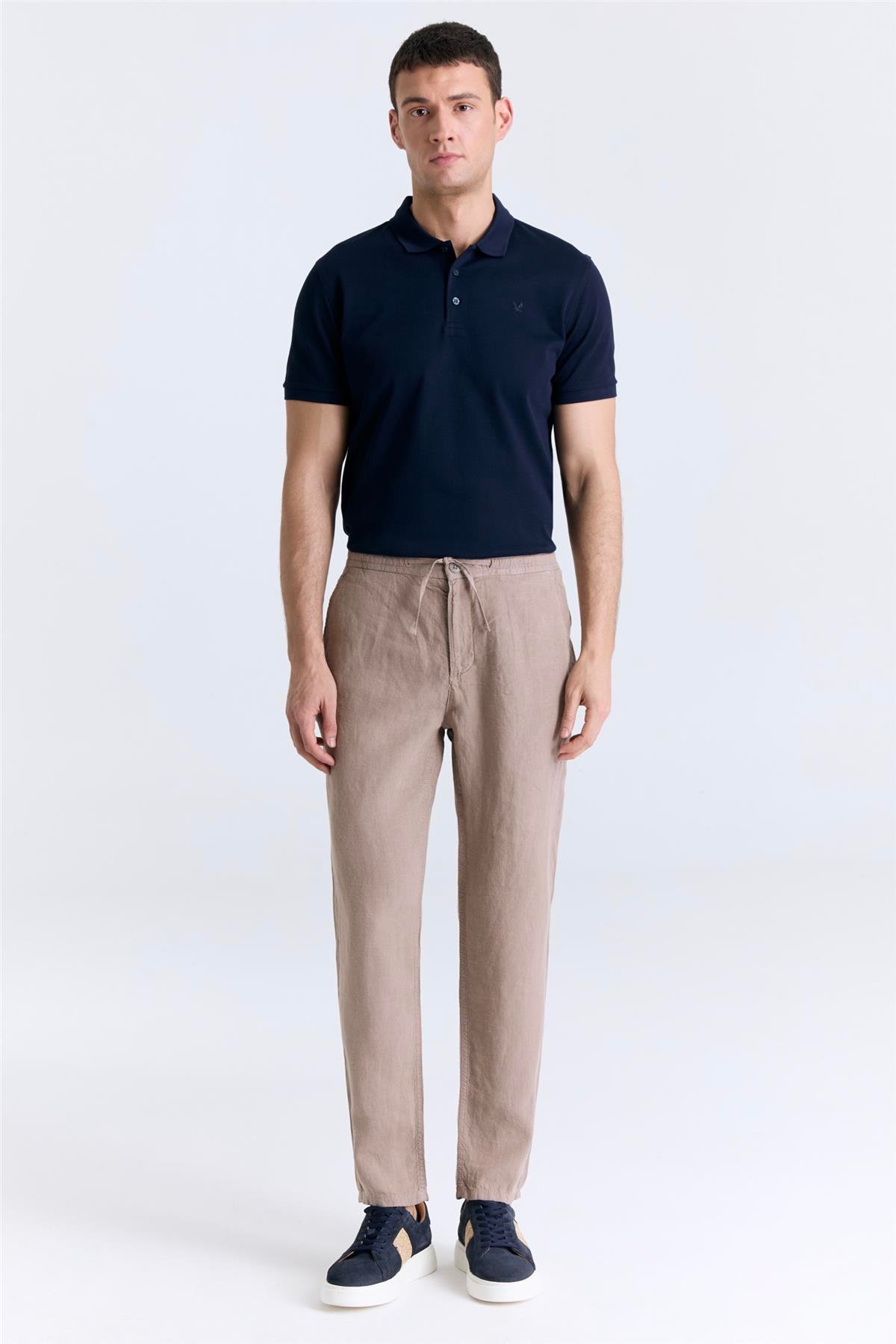 Ruba Pantolon Jogger Fit Lastikli Bej Keten Pantolon