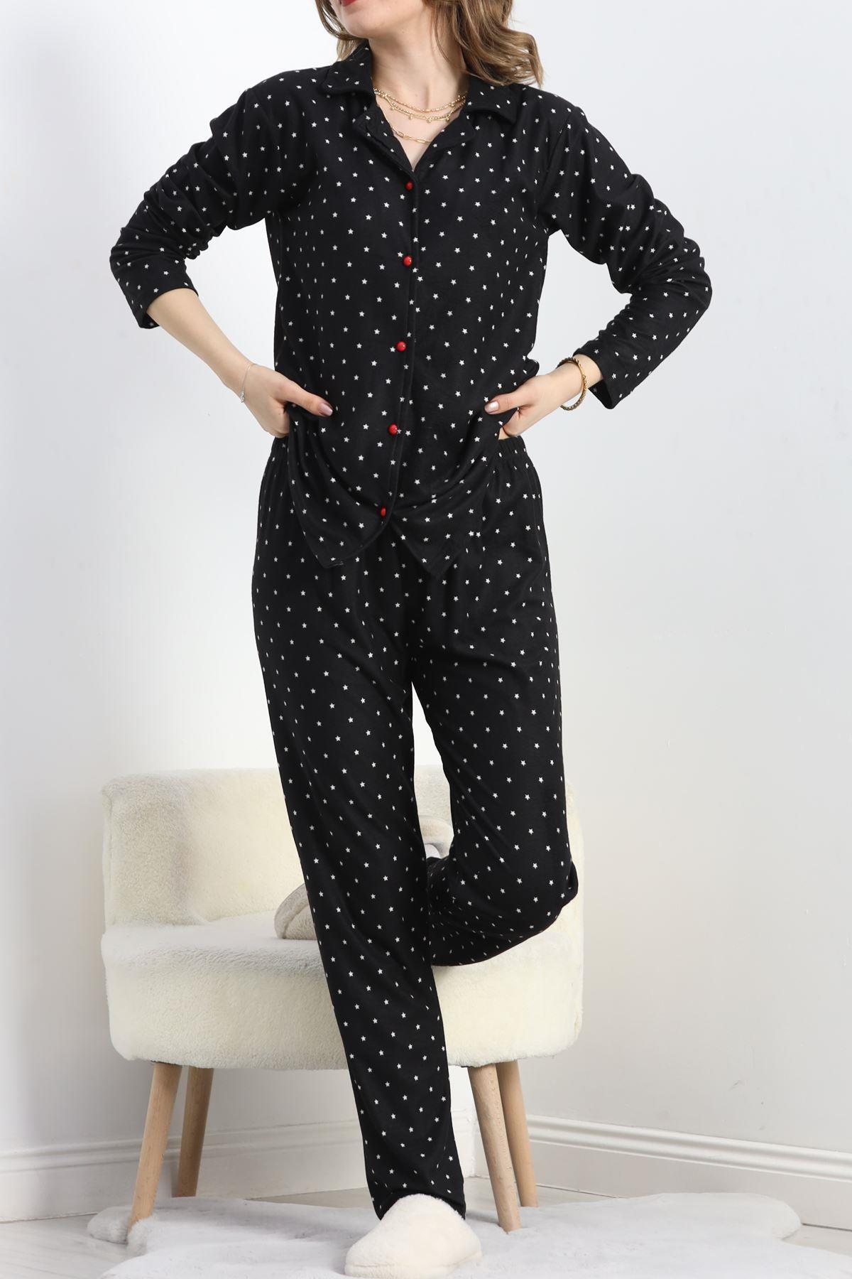 Düğmeli Süet Pijama Takımı Siyahyıldızlı - 30244.1050.