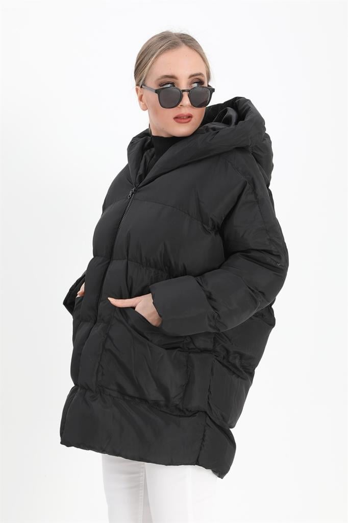 Kapüşonlu Kısa Oversize Şişme Mont - SiyahKapüşonlu Kısa Oversize Şişme Mont - Siyah