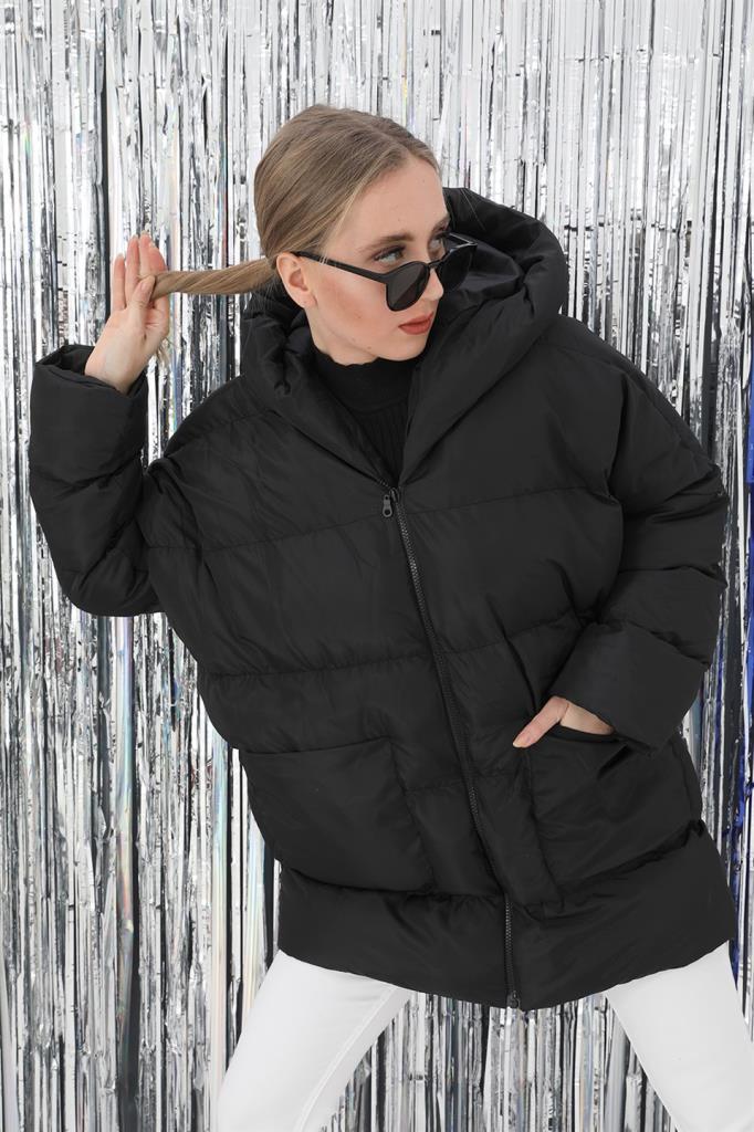 Kapüşonlu Kısa Oversize Şişme Mont - SiyahKapüşonlu Kısa Oversize Şişme Mont - Siyah