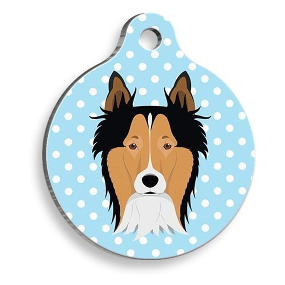 Border Collie Round Dog Tag With Blue Polka Dot