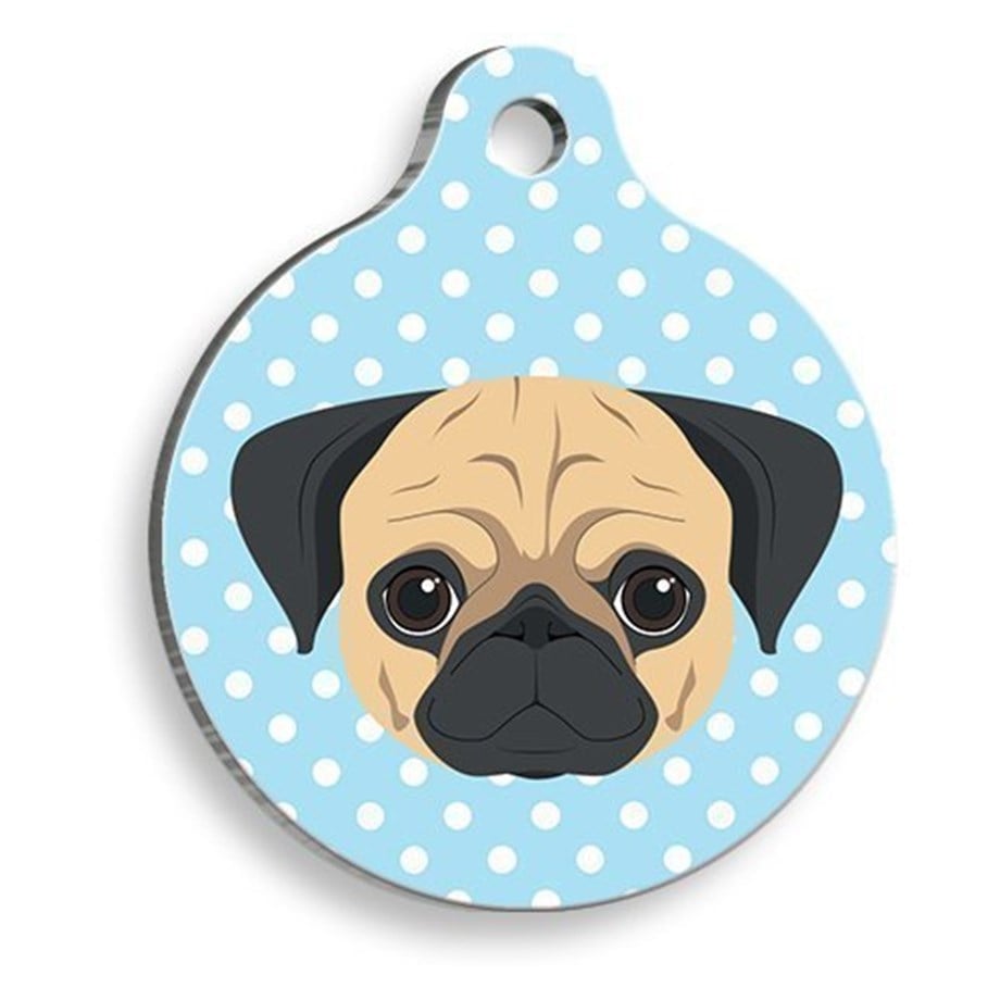 Blue Polka Dot Pug Round Dog Tag
