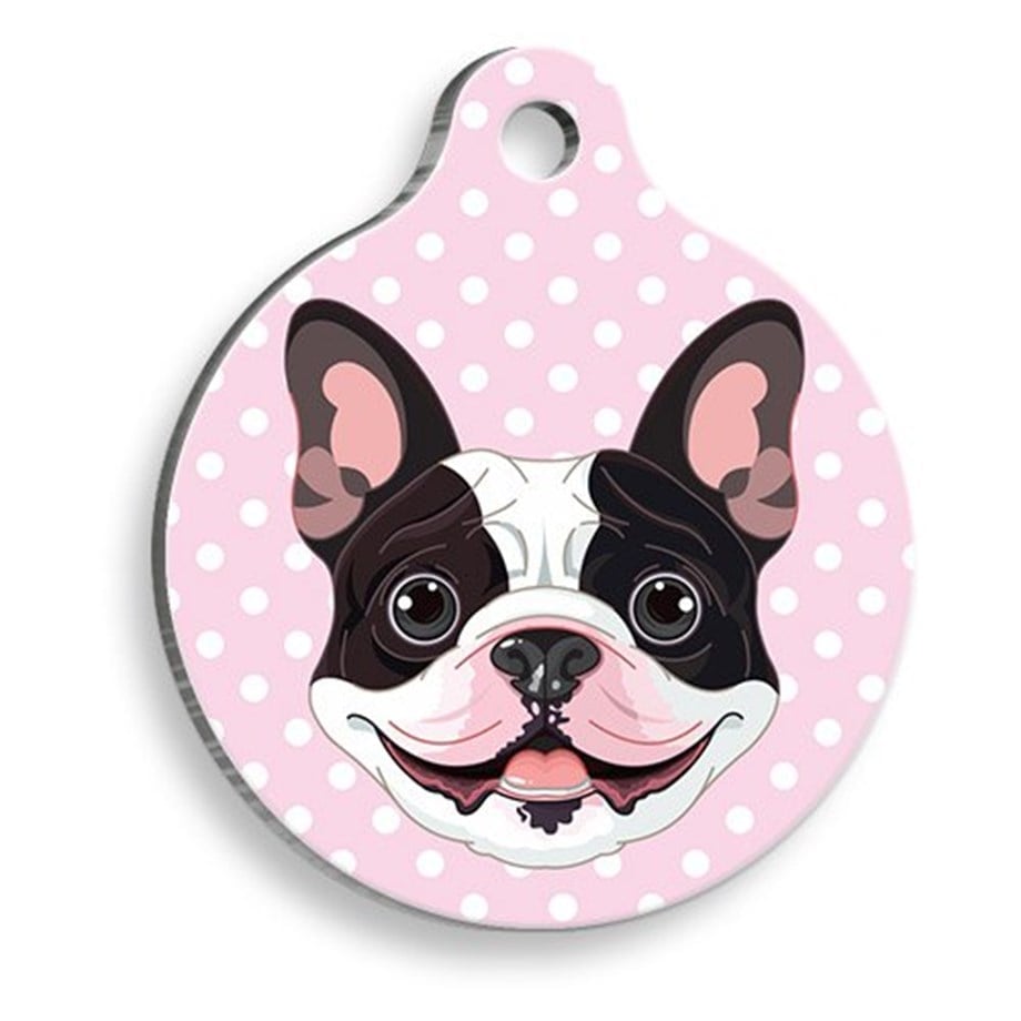 French Bulldog Round Dog Tag With Pink Polka Dot