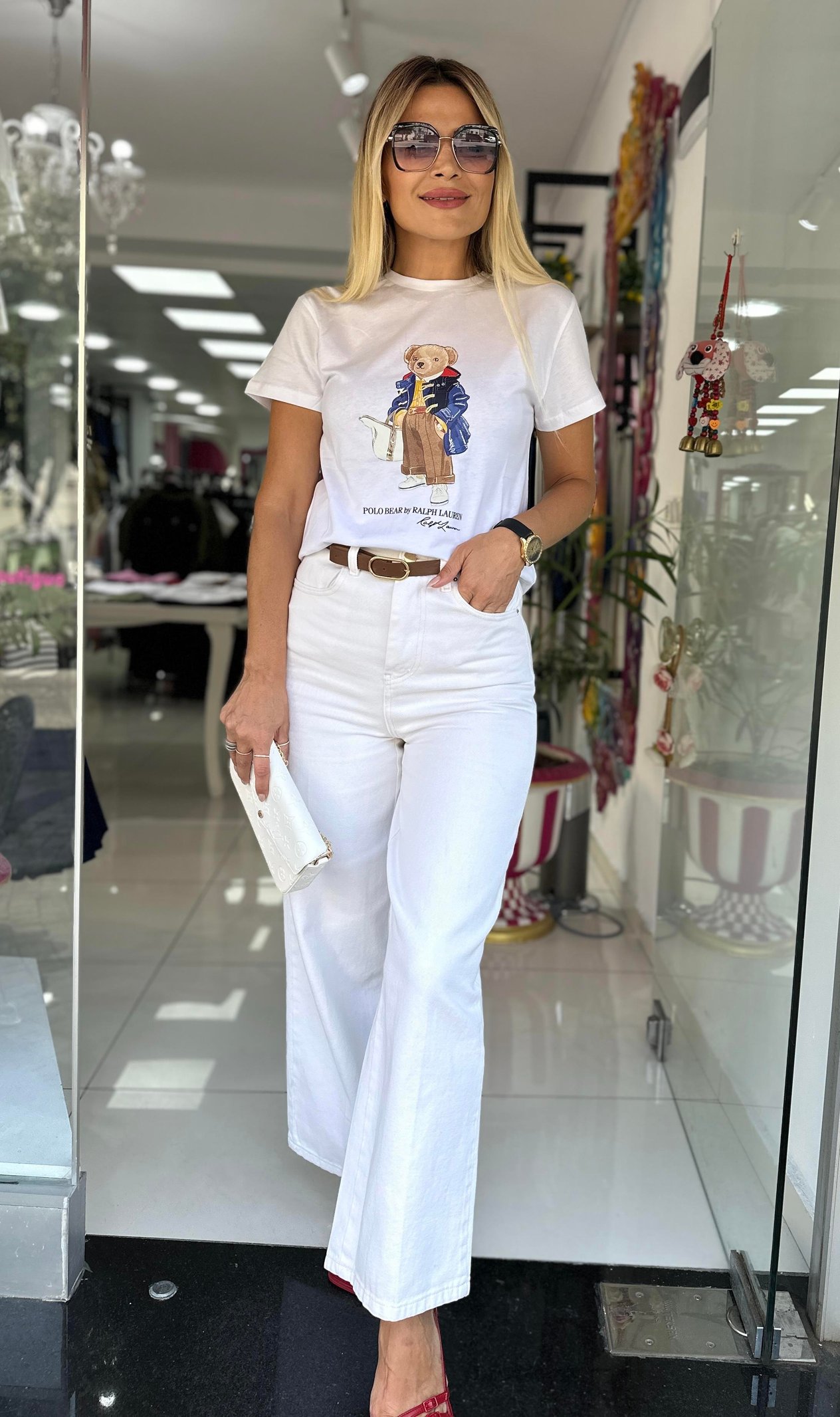 Bej Yüksek Bel Kemerli Denim Pantolon 