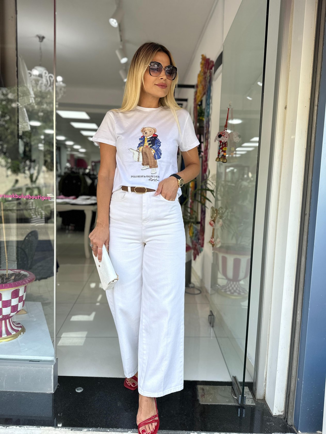 Bej Yüksek Bel Kemerli Denim Pantolon 
