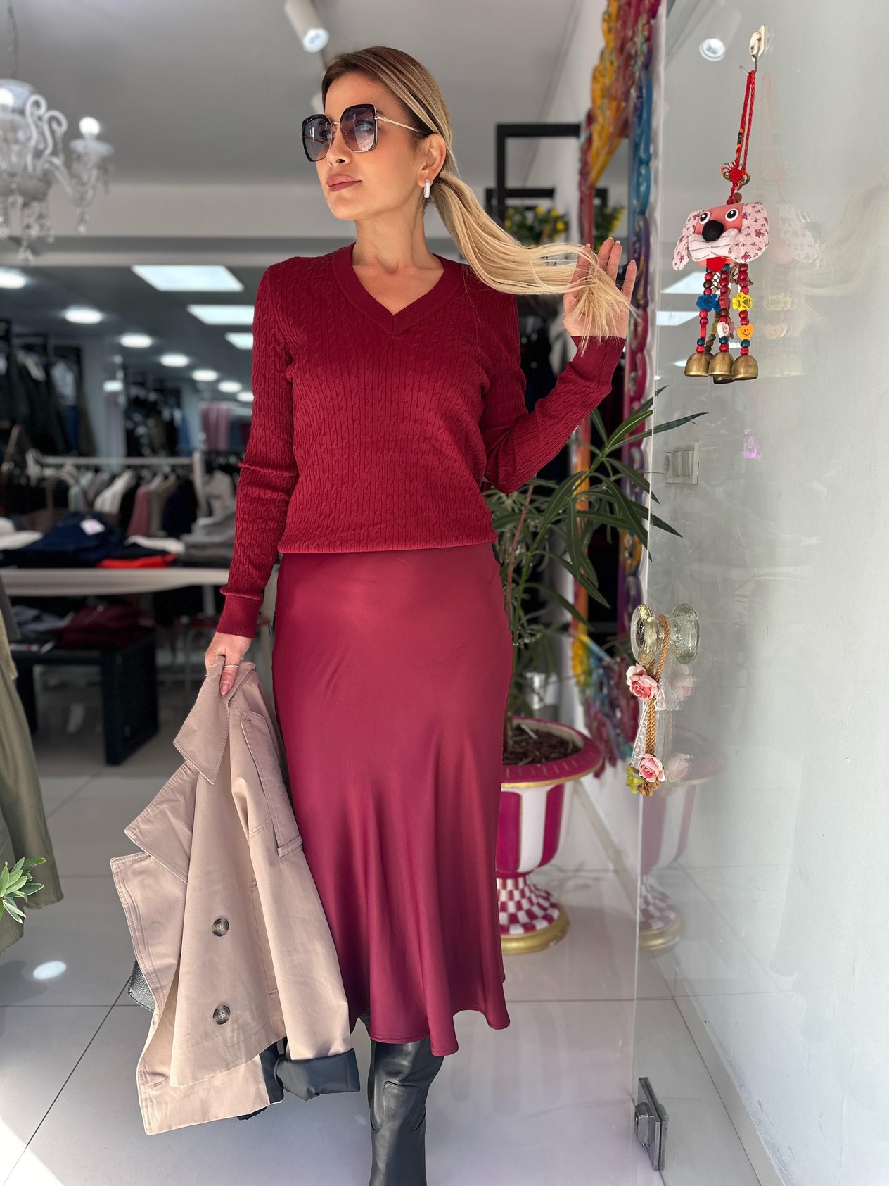 Bordo Saten Verev Etek 