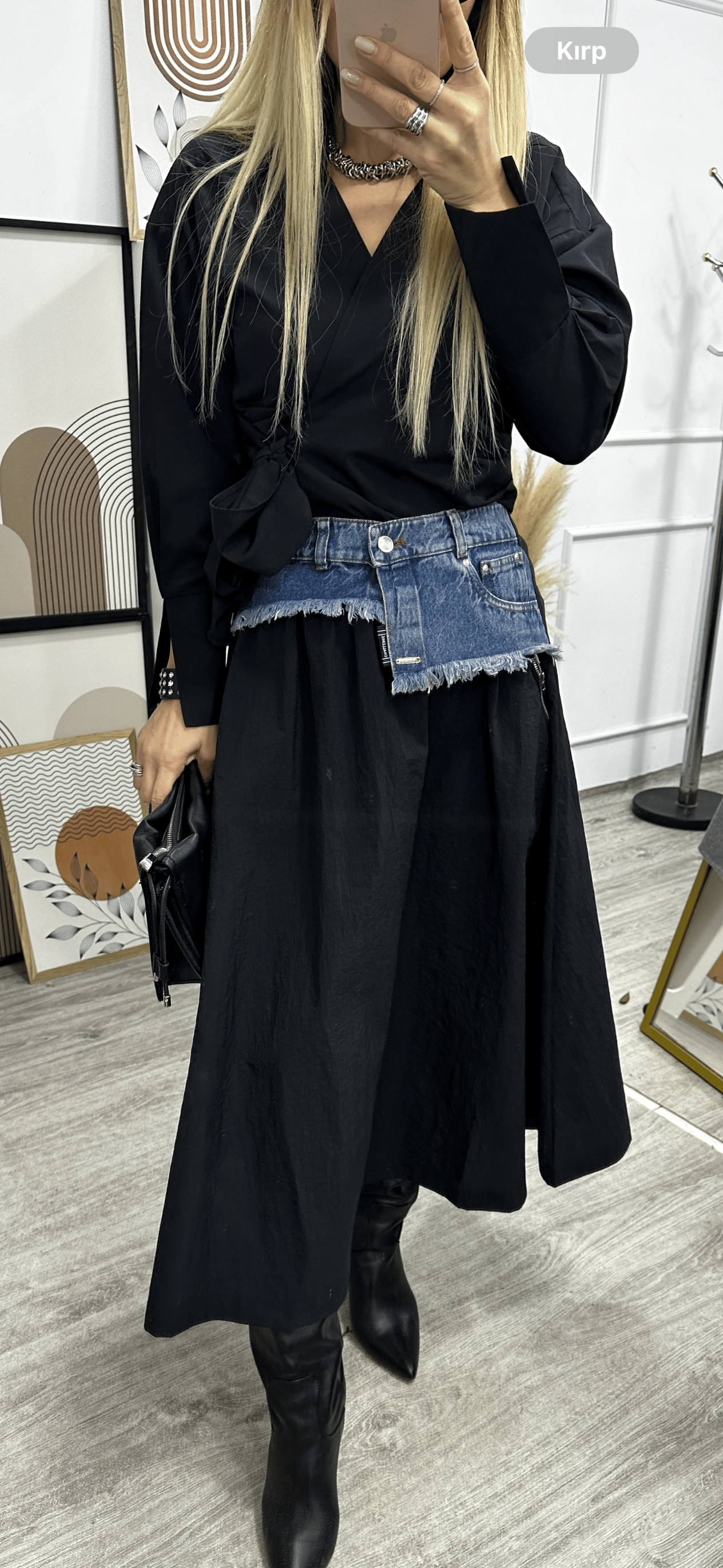 Denim Bel Detaylı Teknik Kumaş Midi Etek