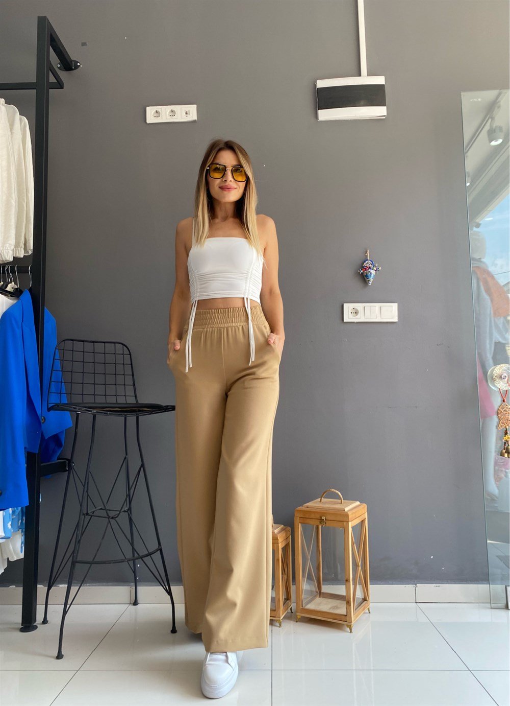 DLV Camel Beli Lastikli Pantolon