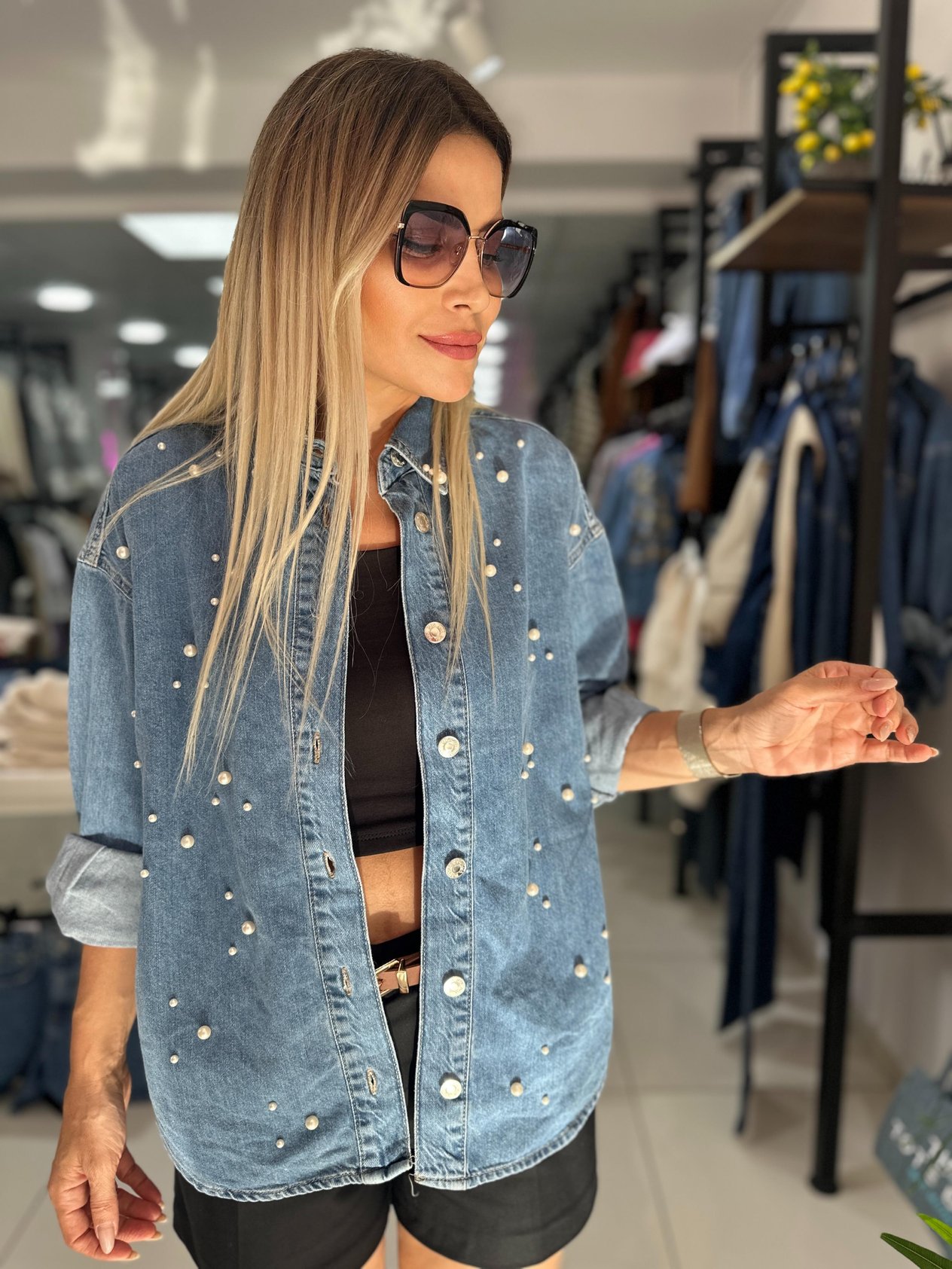 İnci Detaylı Denim Gömlek 