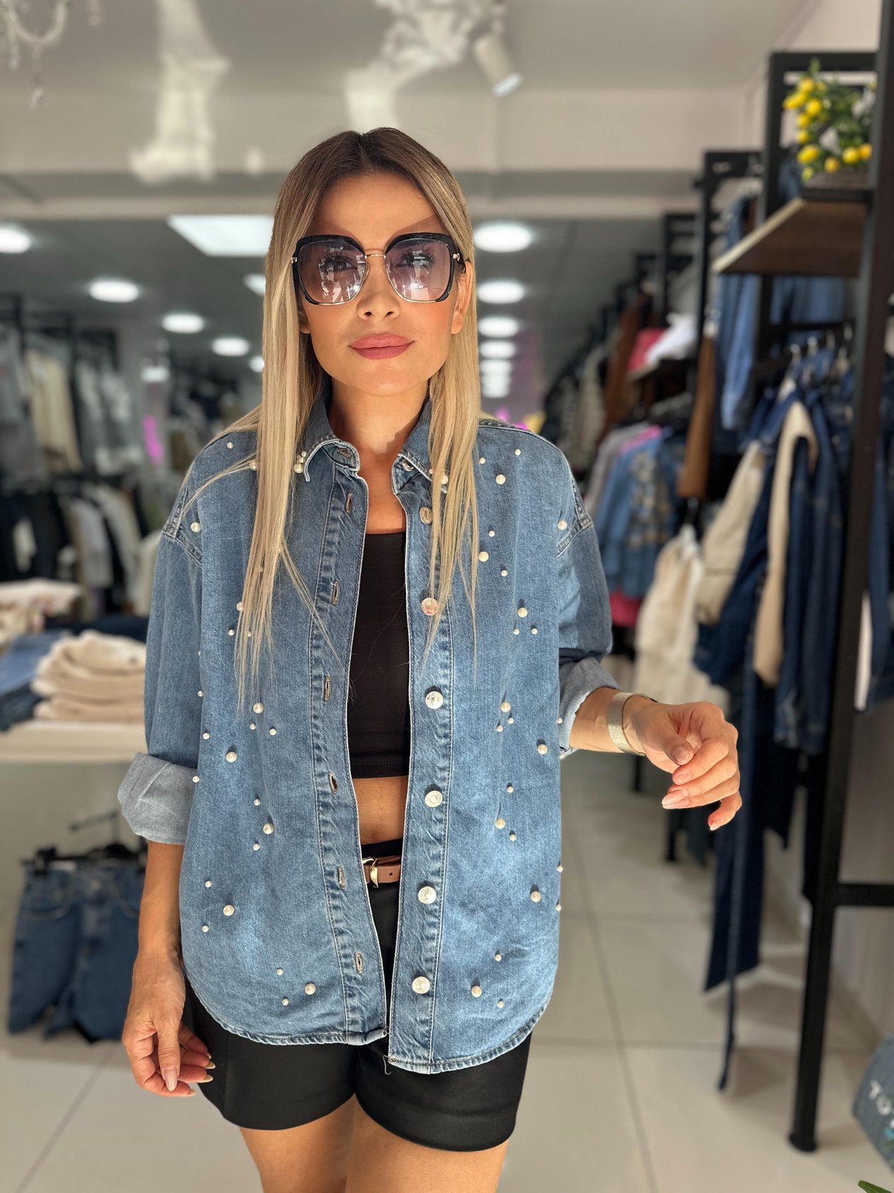 İnci Detaylı Denim Gömlek 