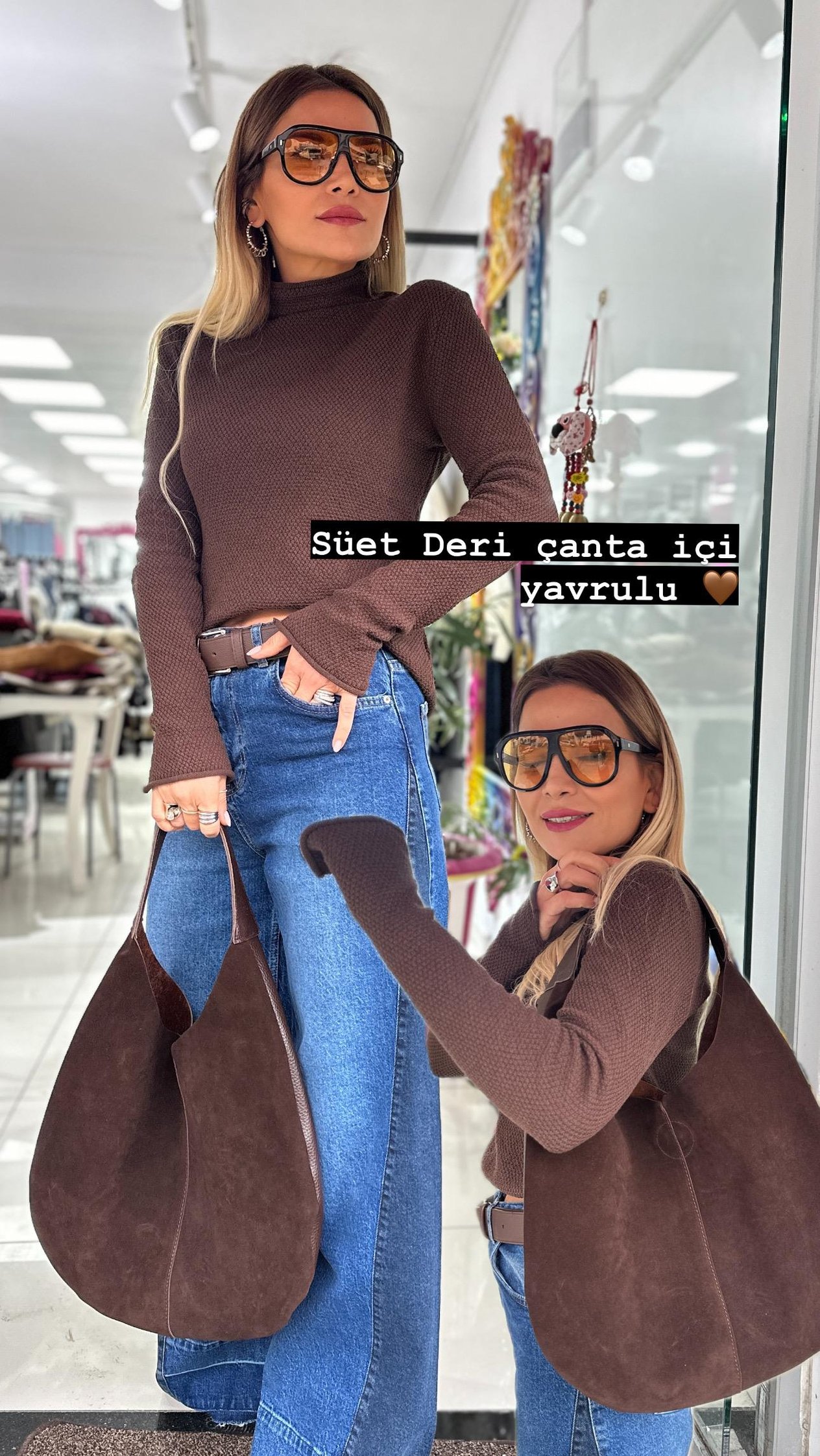 Kahverengi Çift Taraflı Süet Deri Çanta 