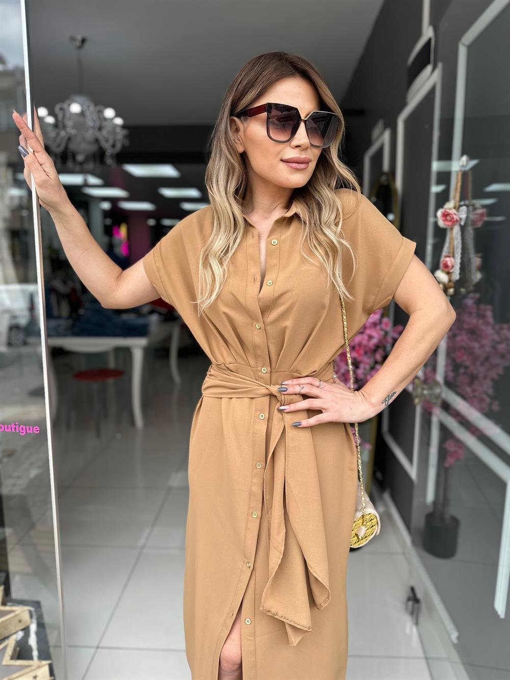 KLN Taba Düğmeli Gömlek Elbise 