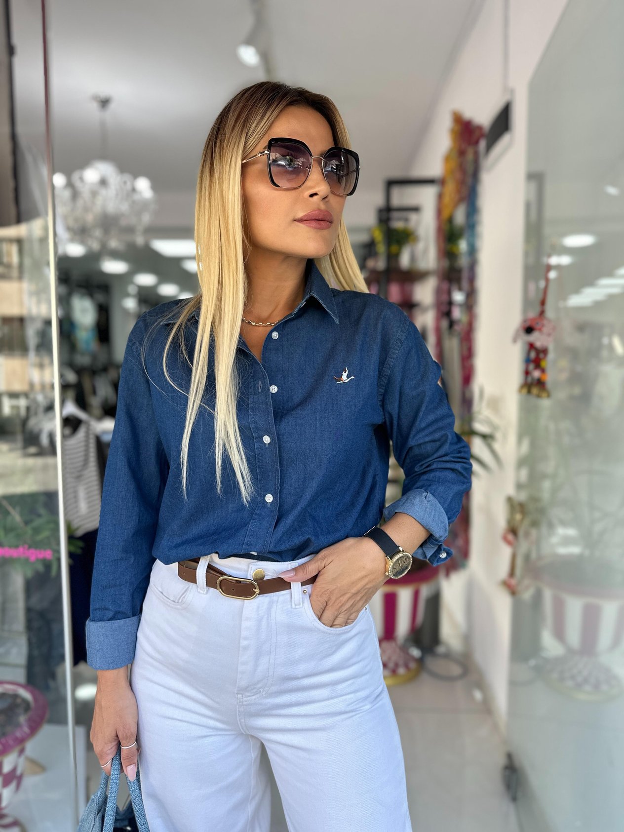 Koyu Mavi İnce Denim Pamuklu Gömlek 