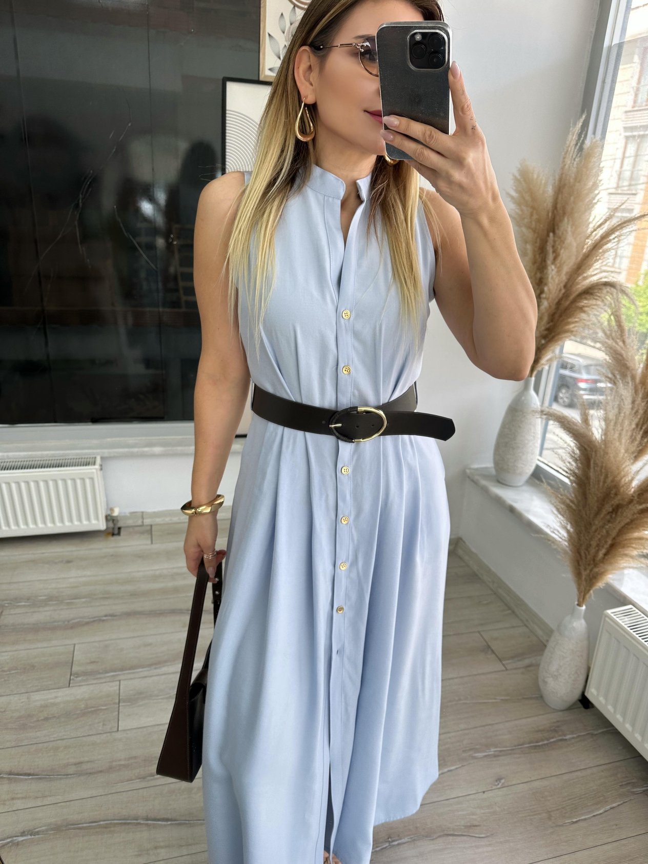 Mavi Hakim Yaka Ön Pileli Elbise
