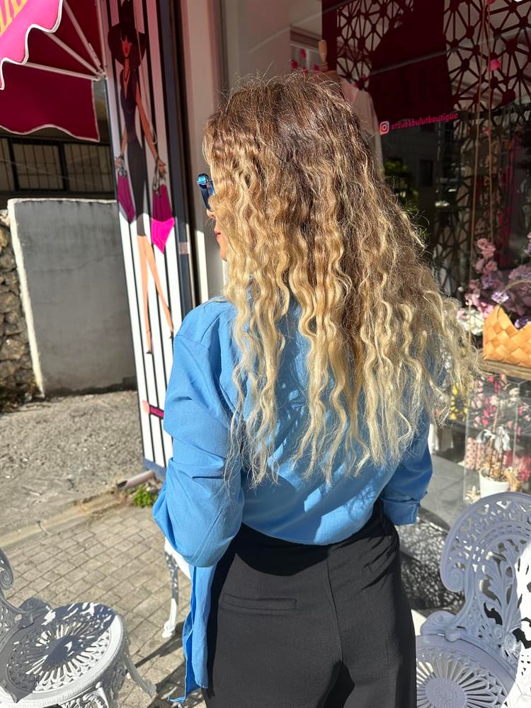 Mavi Kısa Yandan Bağlamalı Gömlek