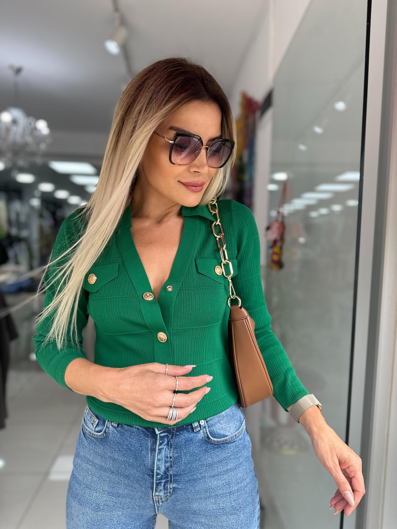 ORJ Yeşil Gold Düğme Triko Hırka 