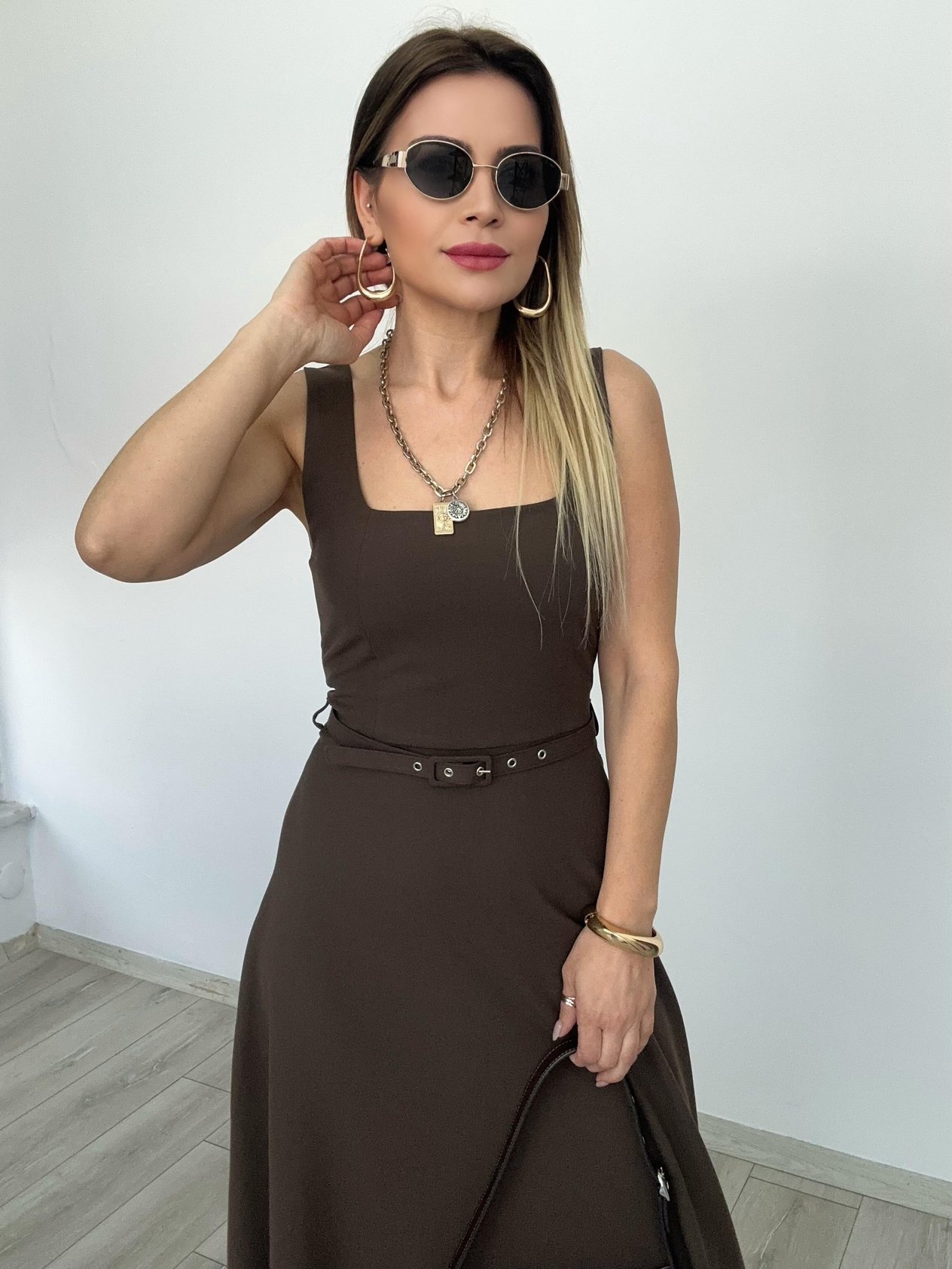 ZR Kahverengi Kemerli Elbise