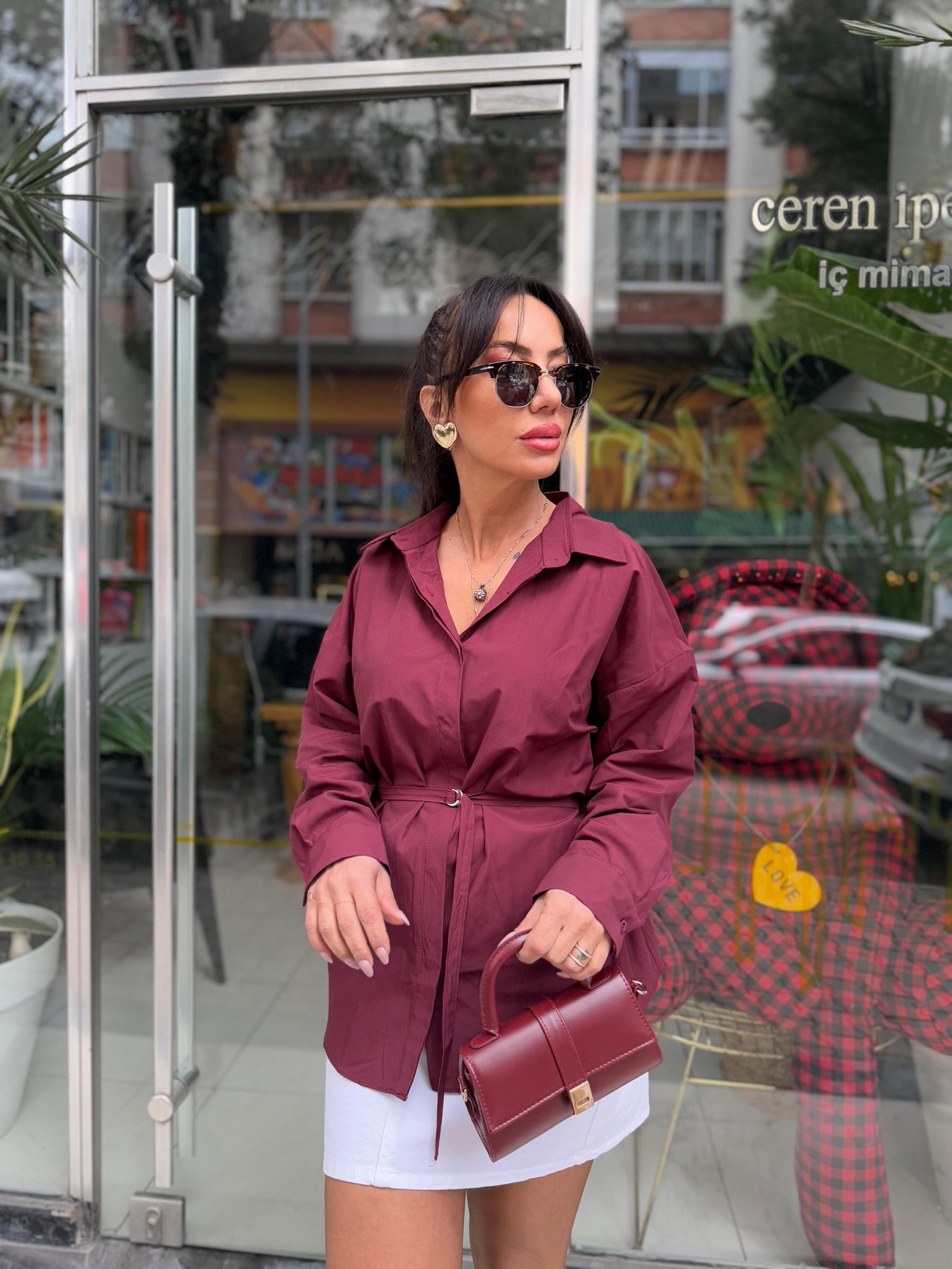 Bellin Bordo Poplin Kuşaklı Gömlek No Sıfır 8