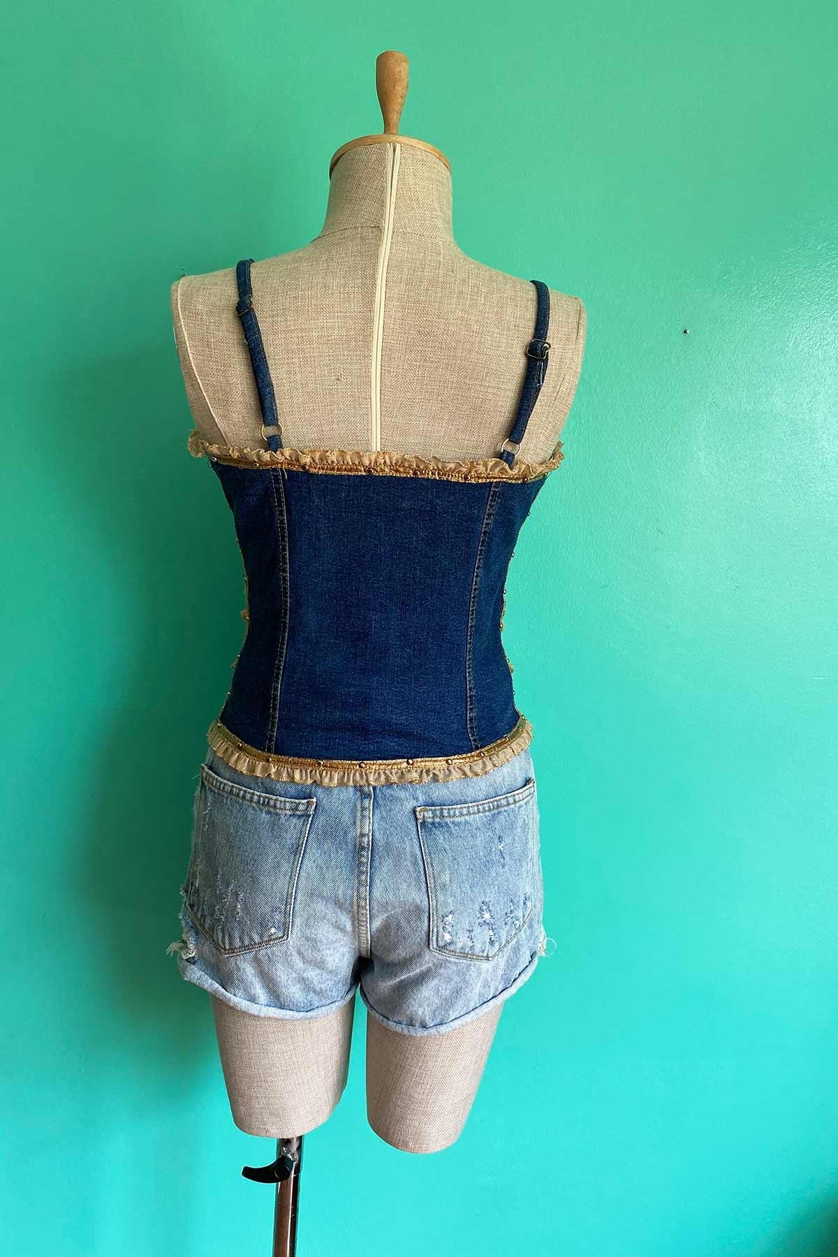 Vintage Askılı Kot Crop Bluz