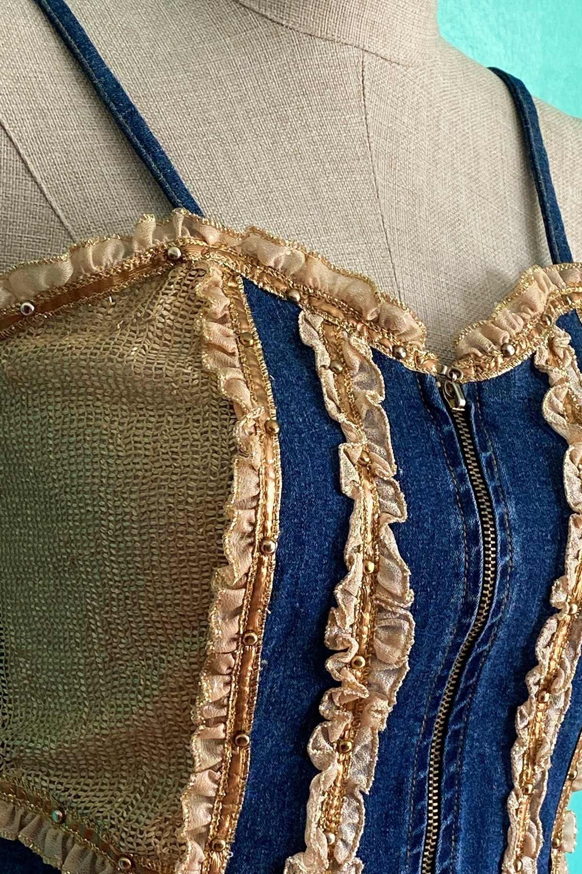 Vintage Askılı Kot Crop Bluz