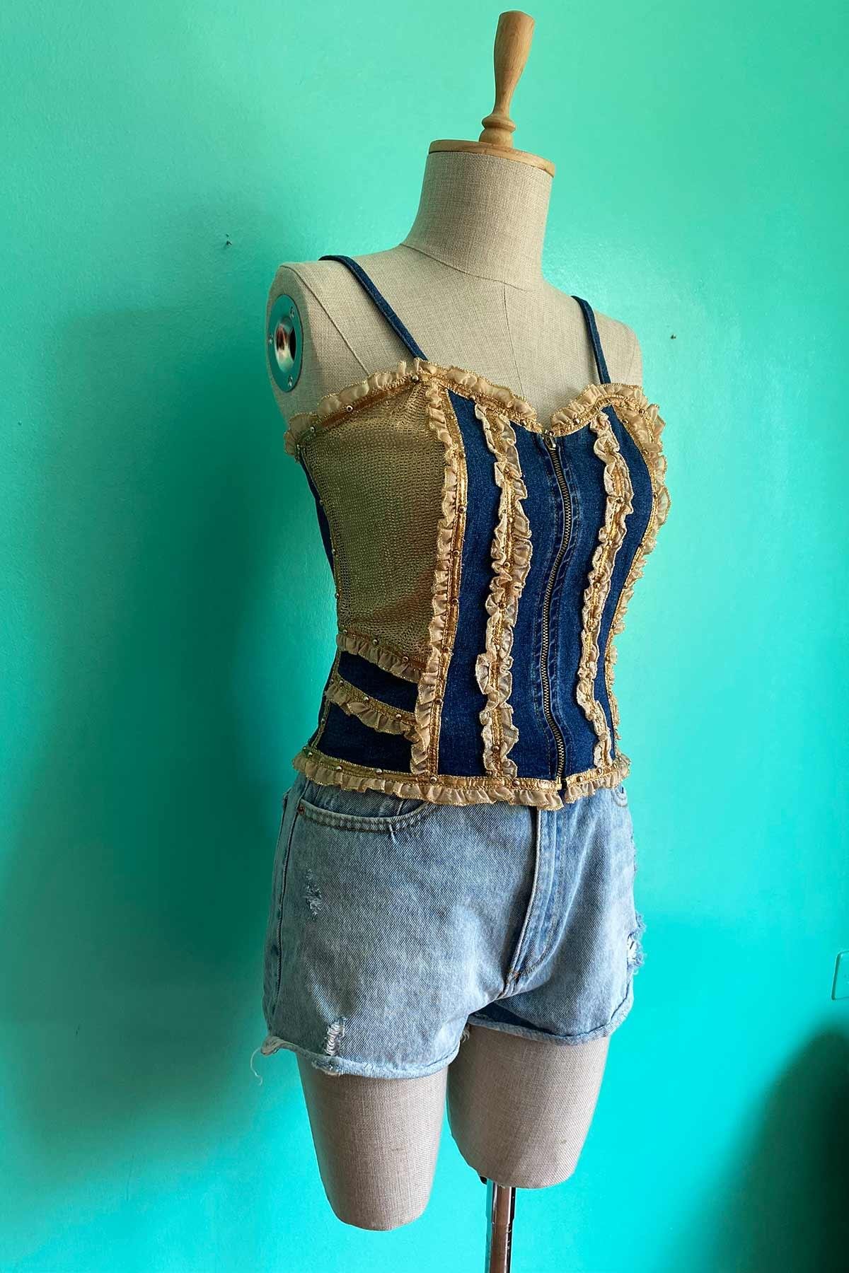 Vintage Askılı Kot Crop Bluz