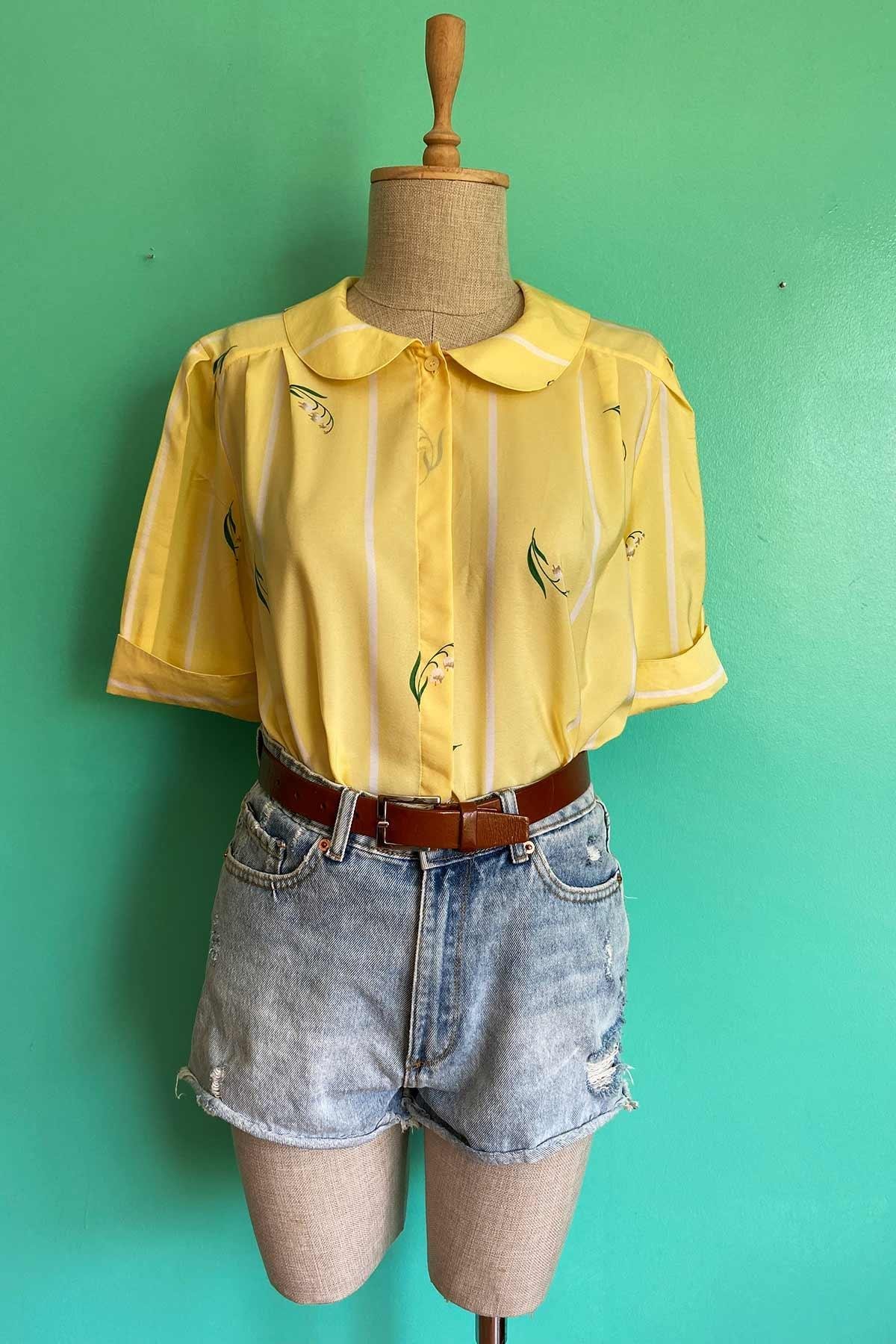 Vintage Bebe Yaka Transparan Sarı Gömlek