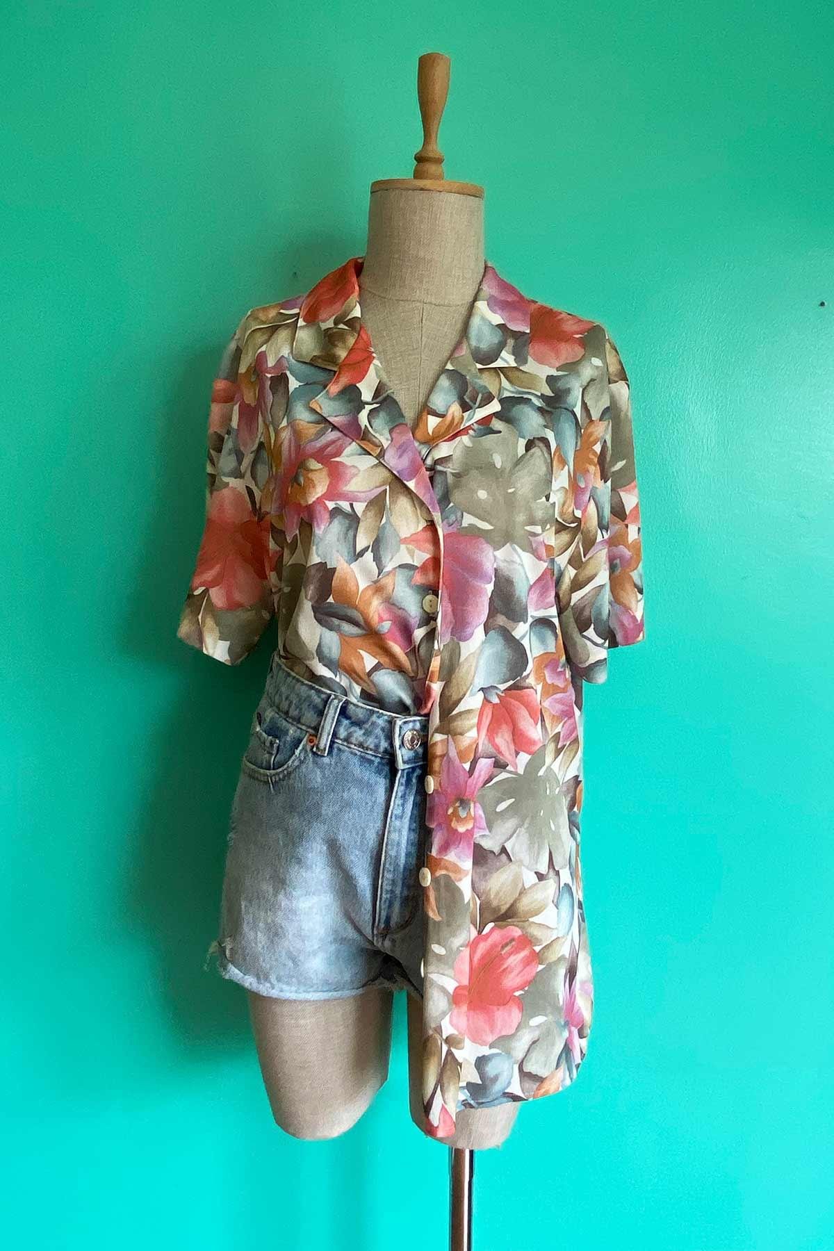 Vintage Kısa Kol Çiçekli Oversize Gömlek