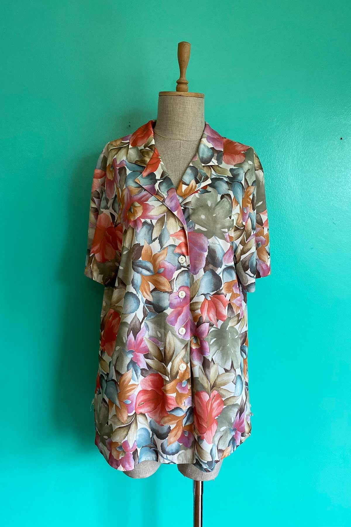 Vintage Kısa Kol Çiçekli Oversize Gömlek