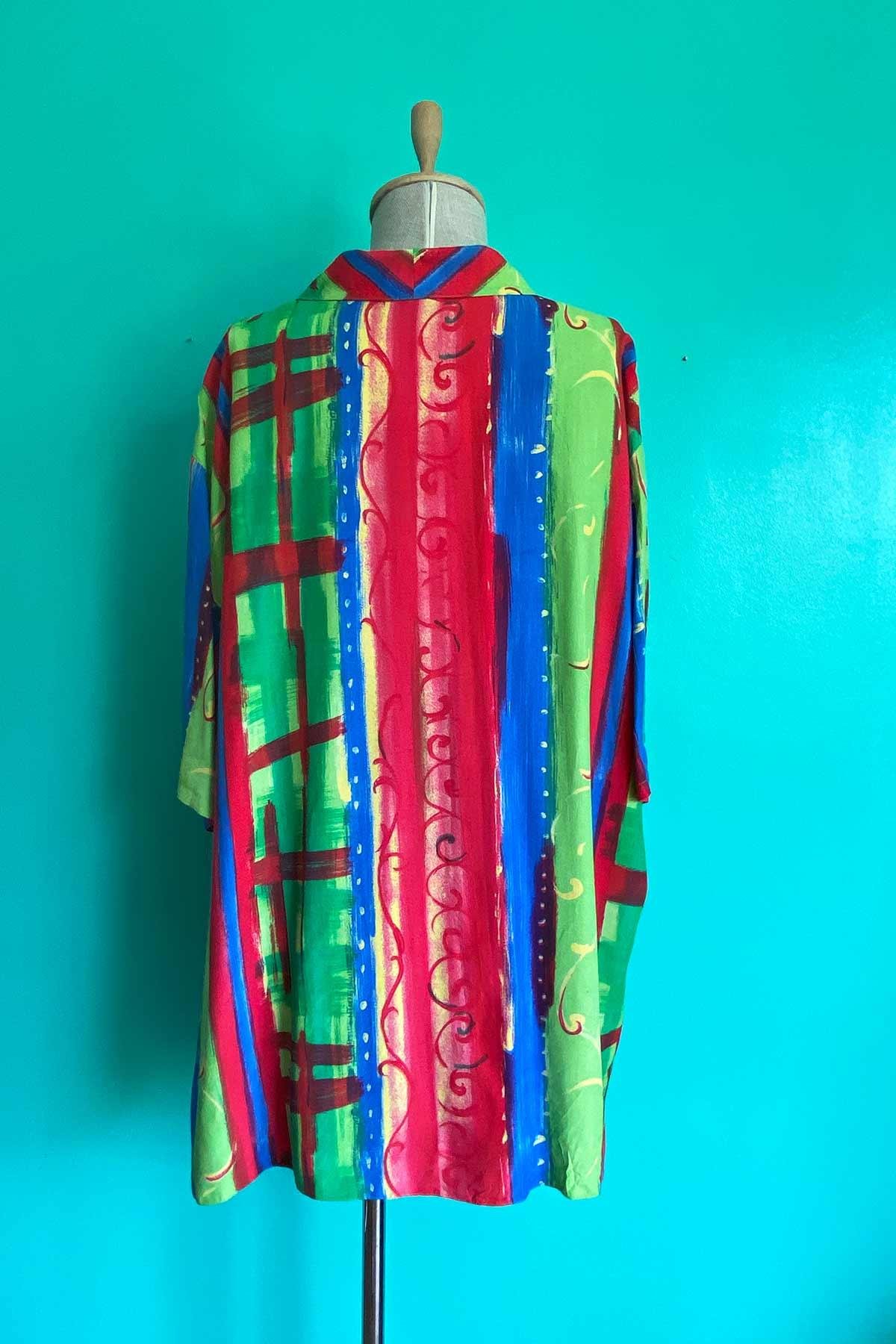 Vintage Kısa Kol Desenli Oversize Viskon Gömlek