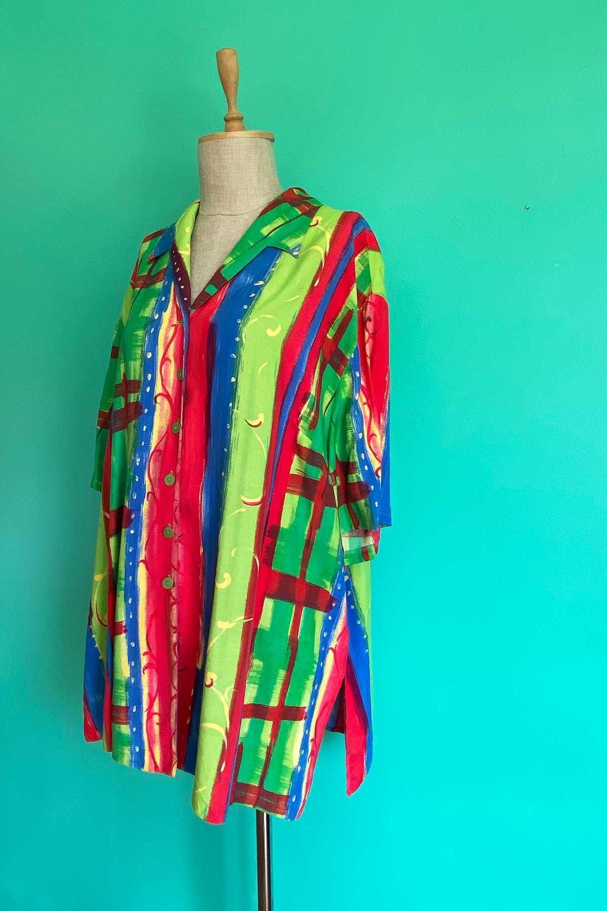 Vintage Kısa Kol Desenli Oversize Viskon Gömlek