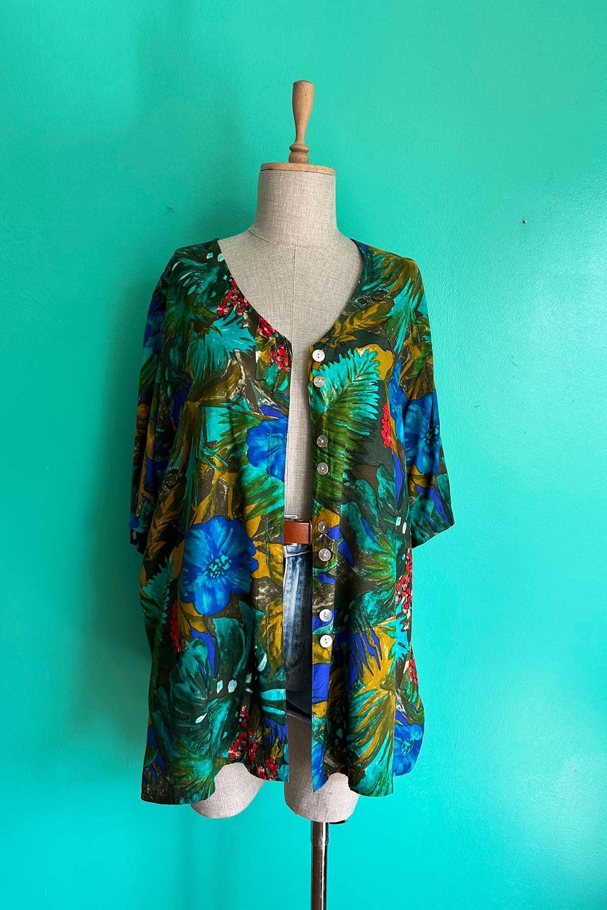 Vintage Kısa Kol Oversize Çiçekli Viskon Gömlek
