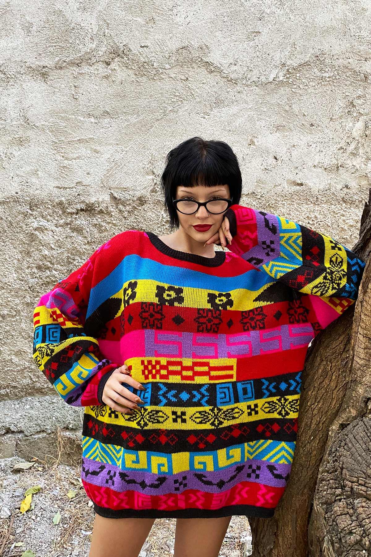 Vintage Oversize Renkli Kazak
