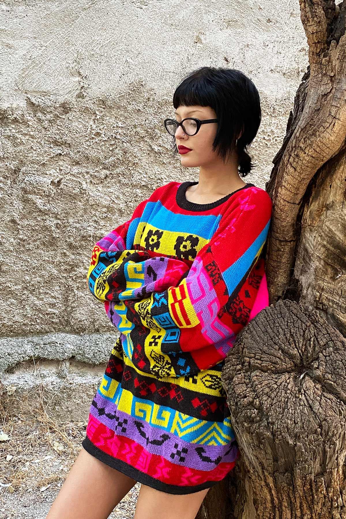 Vintage Oversize Renkli Kazak