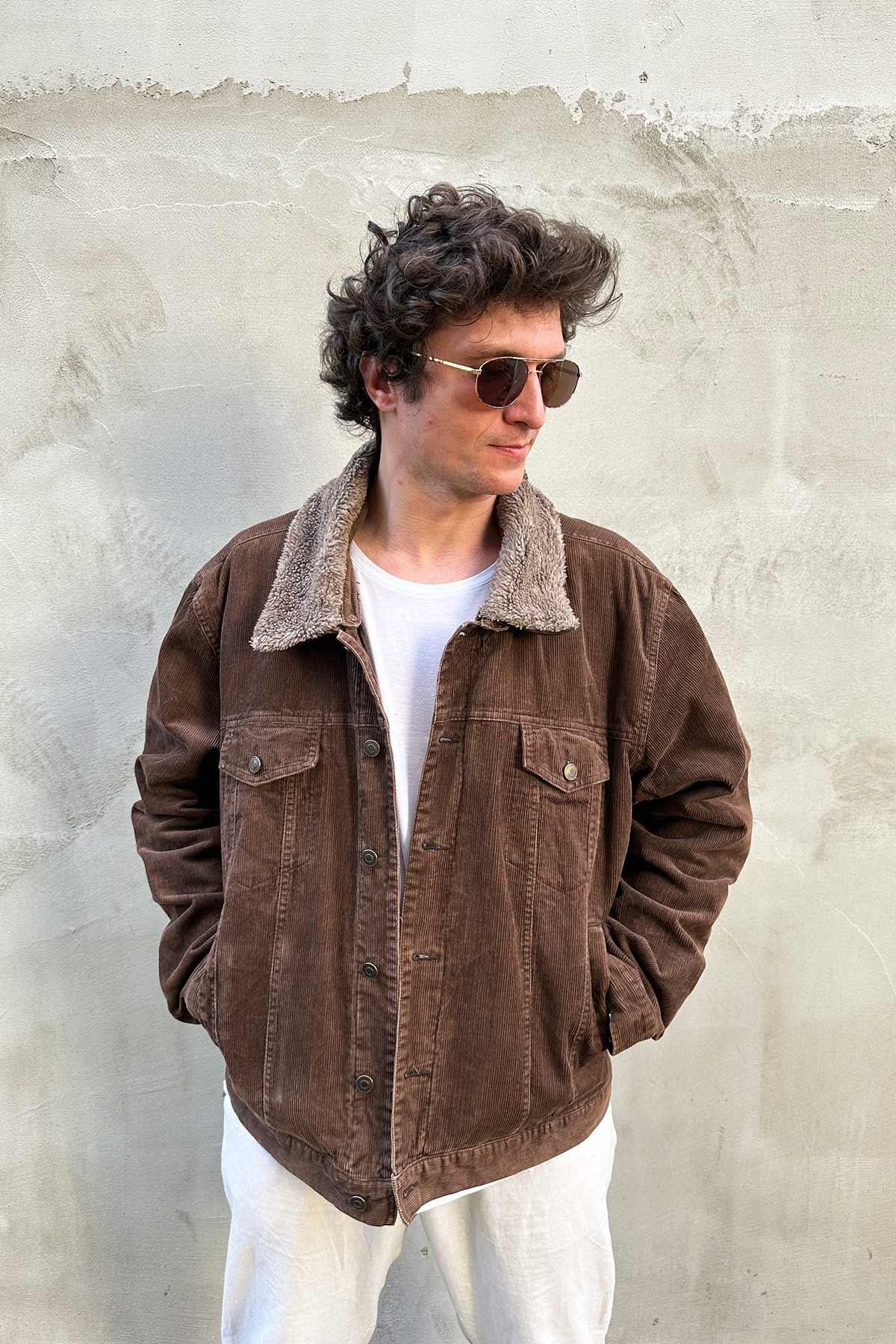 Vintage Peluş Yaka Fitilli Kadife Kahve Mont