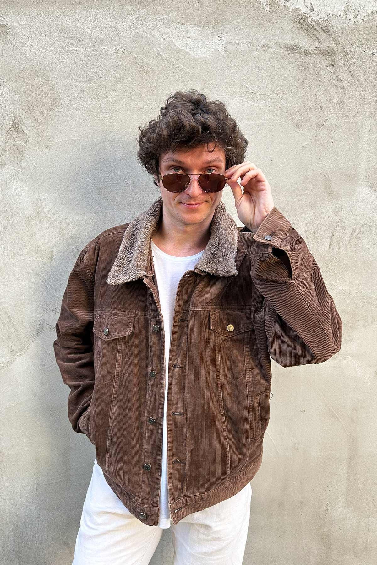 Vintage Peluş Yaka Fitilli Kadife Kahve Mont