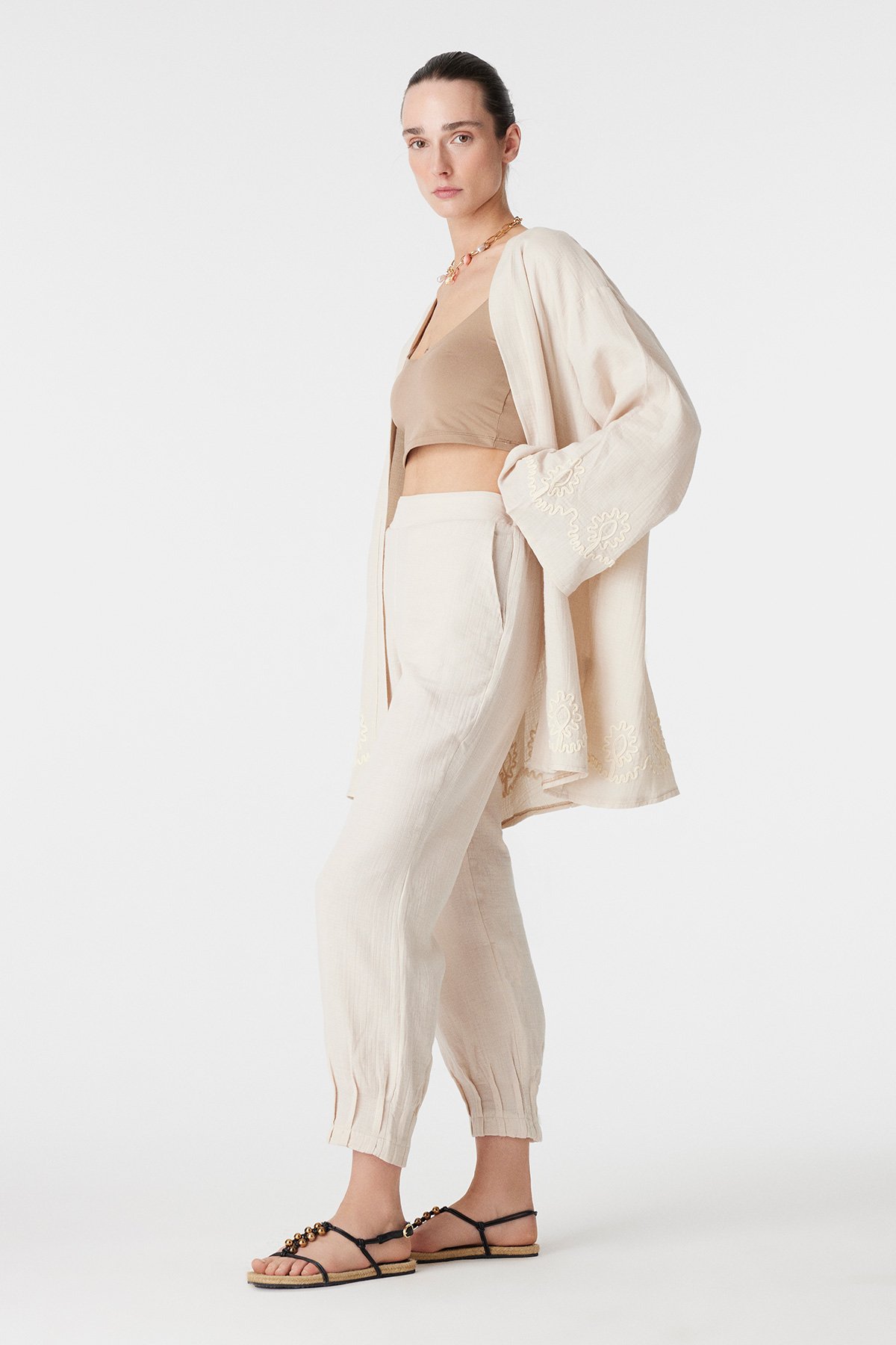 Aksesuarlı Tunik Hırka - Krem-T-6117-Krem