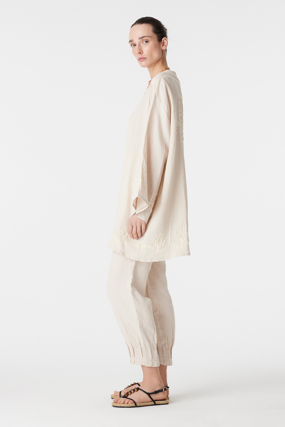 Aksesuarlı Tunik Hırka - Krem-T-6117-Krem