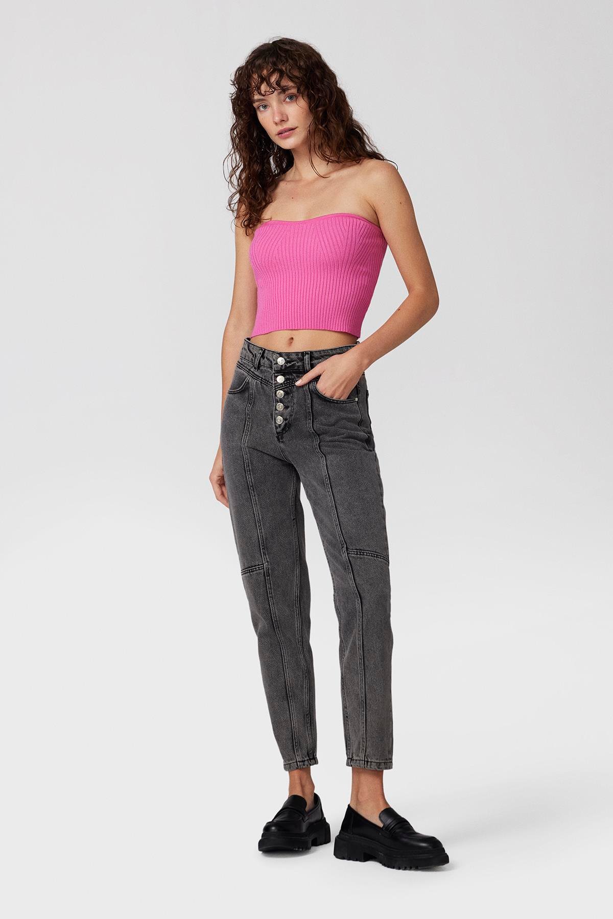 Fitilli Crop - Siyah-15516-Pembe