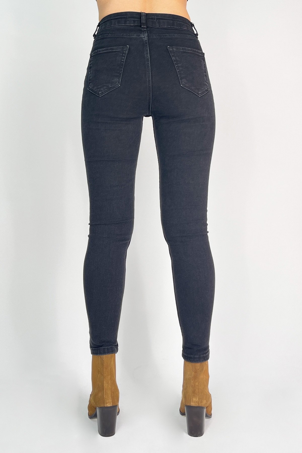 Lazer Çizikli Yüksek Bel Skinny Jean Pantolon - Siyah-T-30024-Siyah 