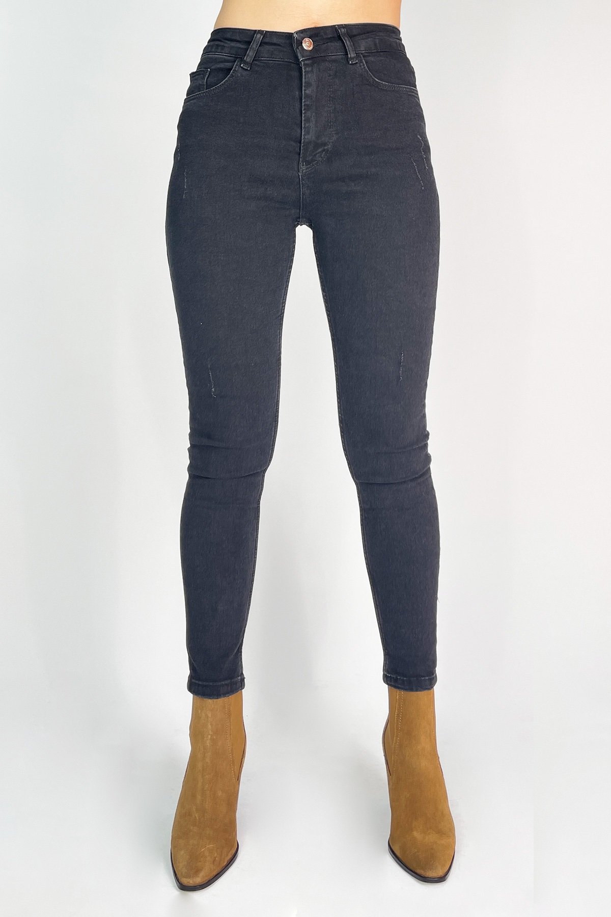 Lazer Çizikli Yüksek Bel Skinny Jean Pantolon - Siyah-T-30024-Siyah 