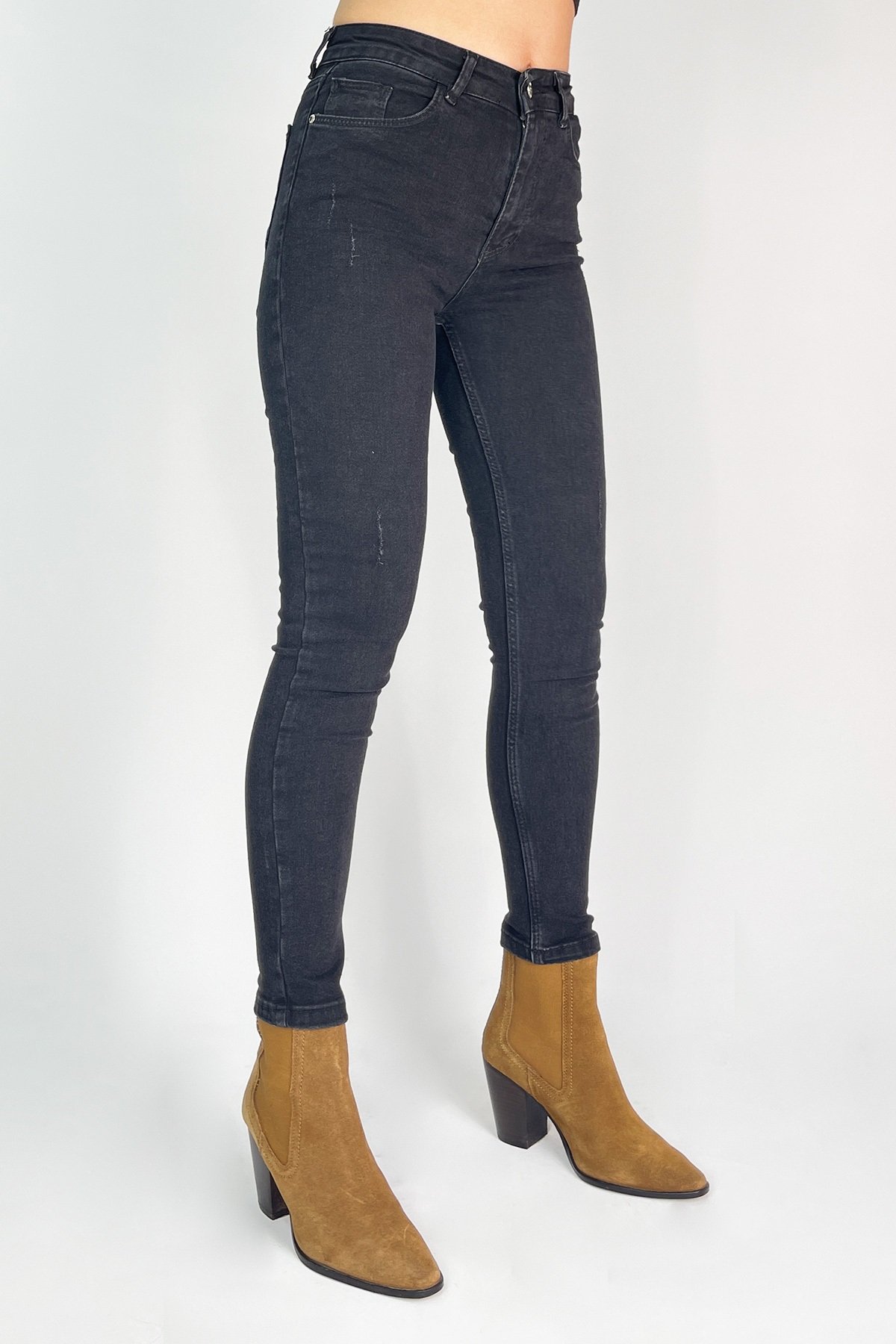 Lazer Çizikli Yüksek Bel Skinny Jean Pantolon - Siyah-T-30024-Siyah 