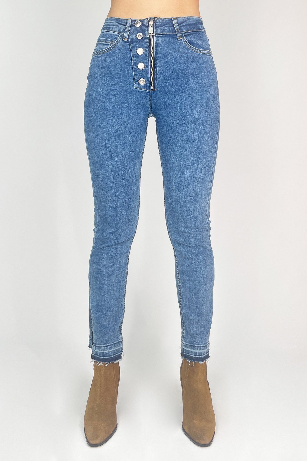 Önden Düğmeli Paça Yırtmaçlı Jean Pantolon - Mavi-T-30512-Mavi 